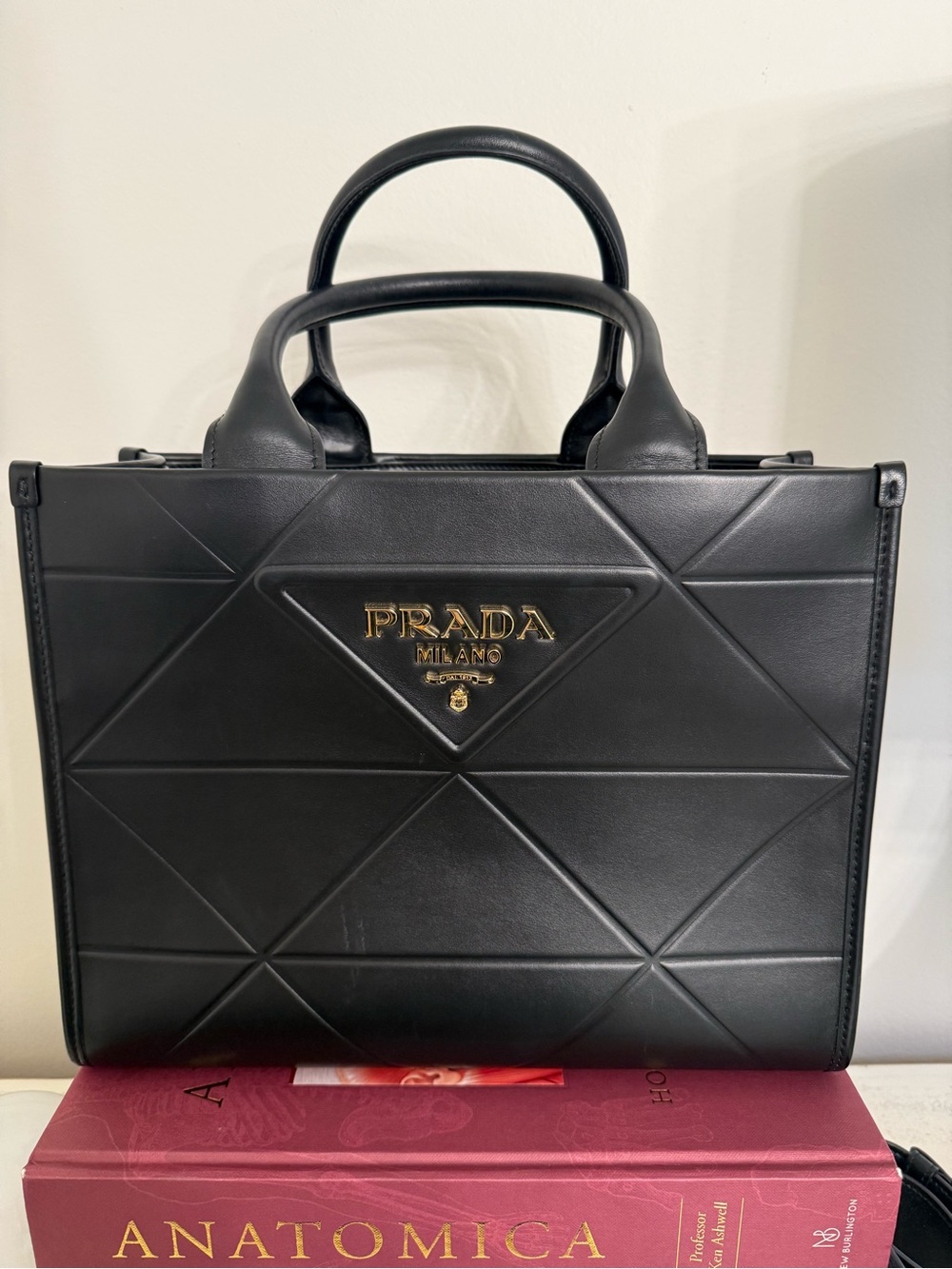 Prada Symbolle Black Quilted Leather Top-Handle Bag with Gold Logo